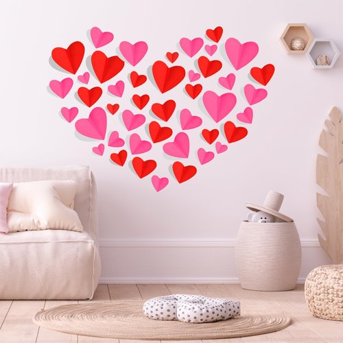 74 Pcs Valentine's Day Decoration, 3D Red and Pink Heart Valentine Wall Stickers, Waterproof Wall Decals, for Wedding Anniversary Party Bedroom School Office (Valentines)