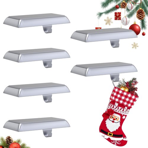 GloTika Christmas Stocking Holders for Mantle Set of 6, Heavy Duty Stocking Holder Hooks for Fireplace Tabletop Shelf Christmas Ornaments, Cast Iron Stocking Hangers Base, Sliver