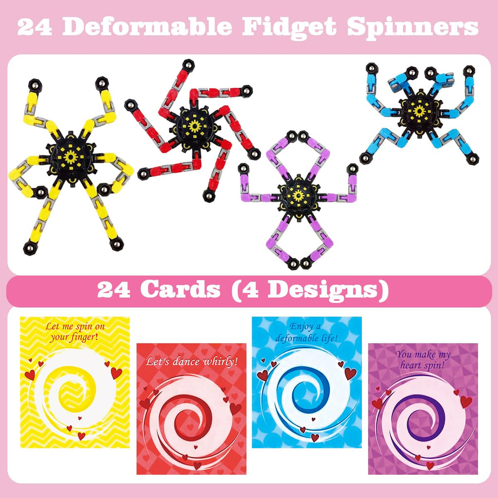 Anditoy 24 Pack Mechanical Transformable Fidget Toys with Valentines Cards for Kids Valentines Day School Class Classroom Gifts Prizes Exchange Party Favors