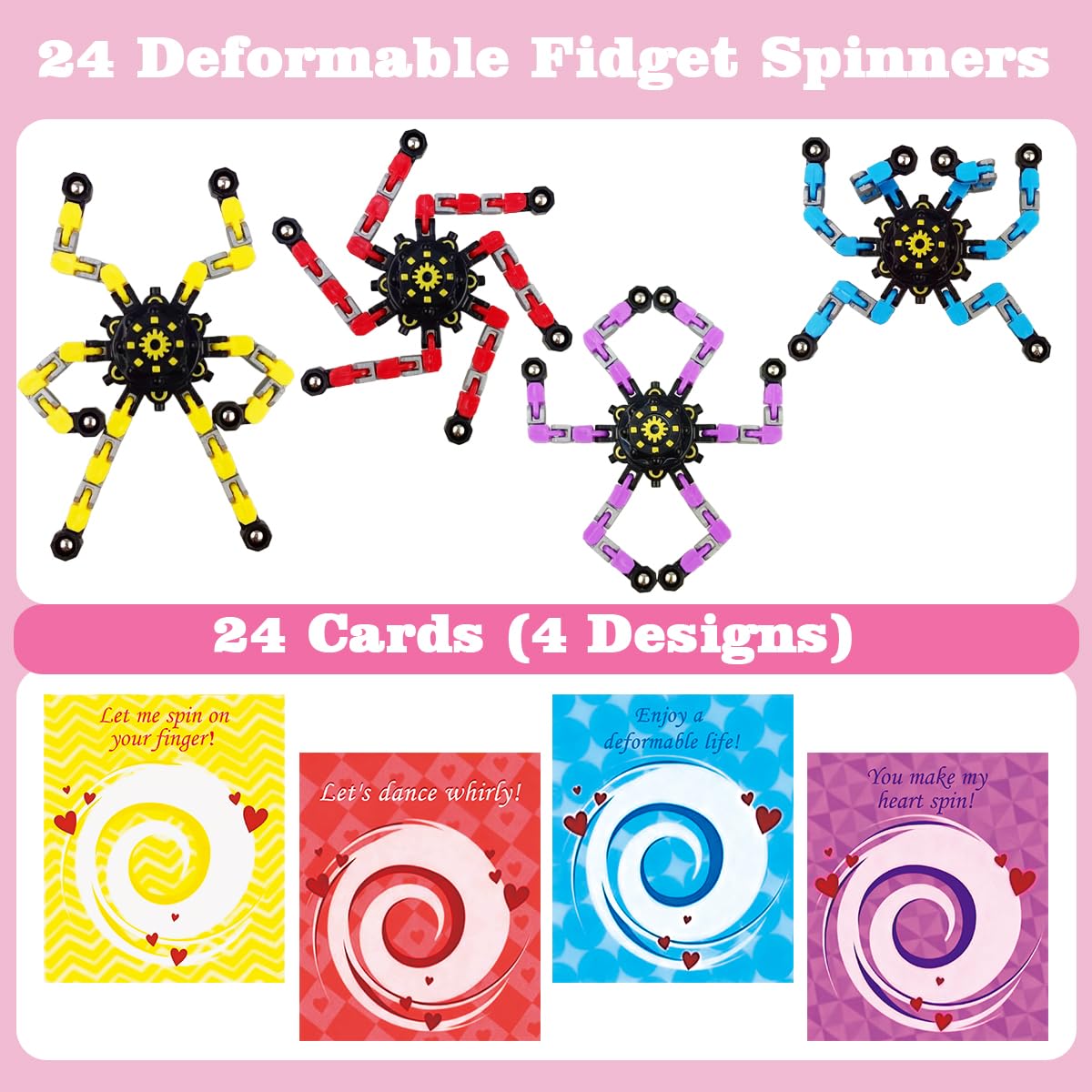 Anditoy 24 Pack Mechanical Transformable Fidget Toys with Valentines Cards for Kids Valentines Day School Class Classroom Gifts Prizes Exchange Party Favors
