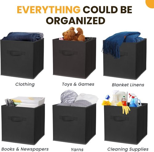 Large Storage Cubes | 13-Inch Organizing Bins for Kallax Shelves - 10 Pack Collapsible Black Boxes