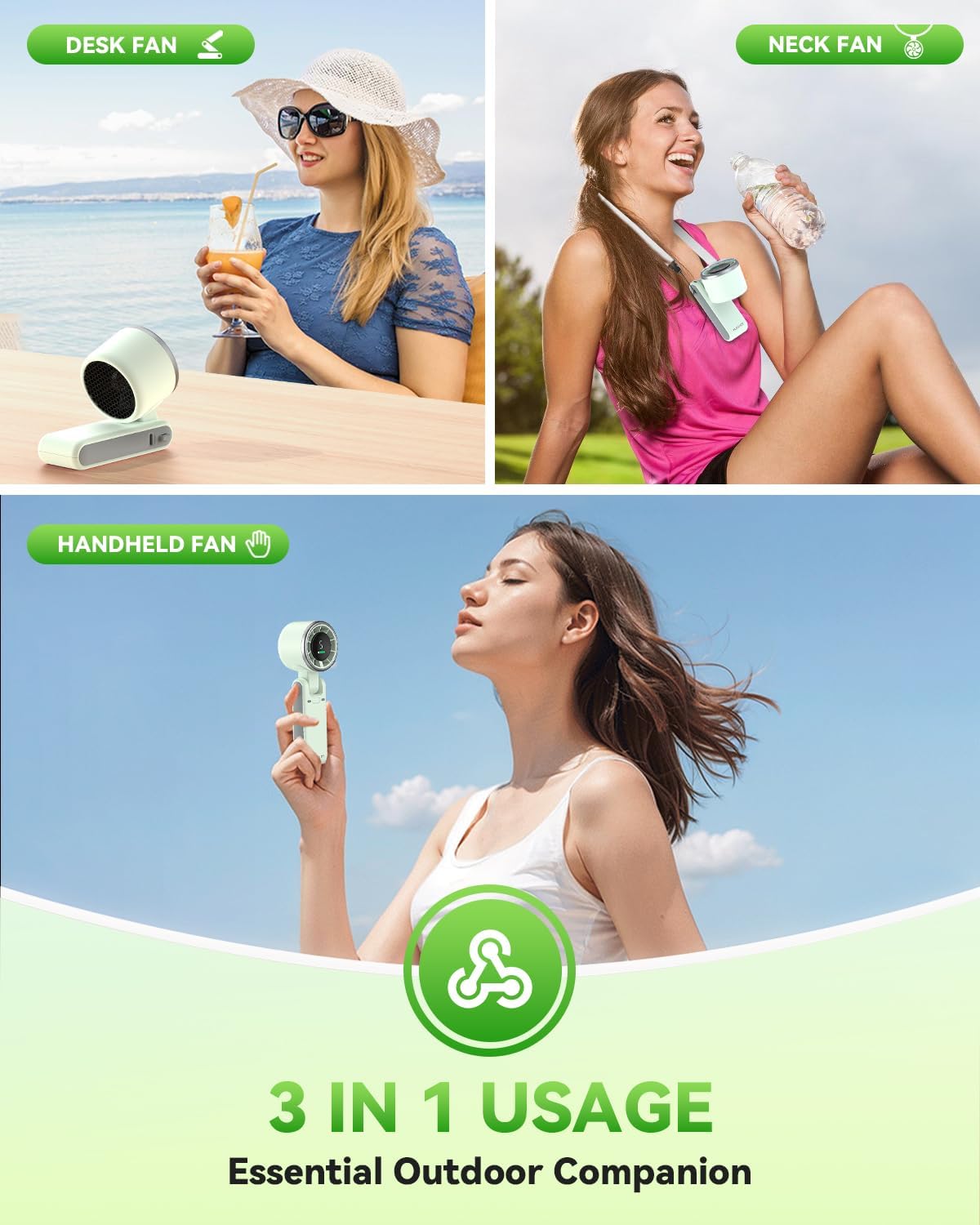 PlayHot Portable Handheld Turbo Fan - 5-Speed Wind, Battery Operated, 12-Hour Runtime | 3-in-1 Cooling Fan (Green)