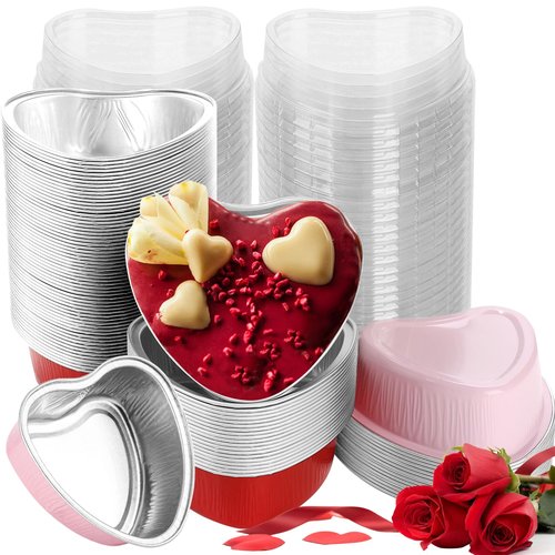 100 Pcs Heart Shaped Cake Pans with Lids Mini Aluminum Foil Cupcake Baking Tins 3.4 Oz Disposable Heart Shape Containers for Valentine's Day, Mother's Day, Wedding, Christmas (Red, Pink)