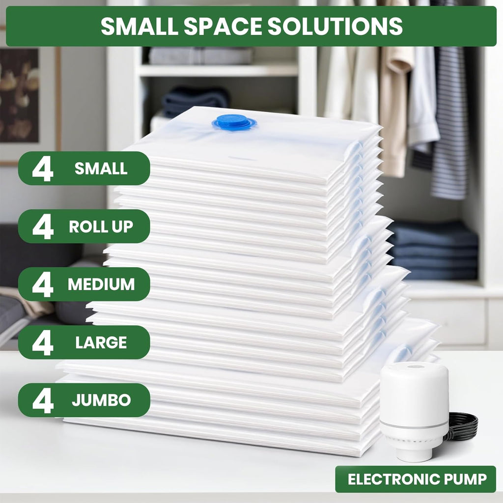 Skiennix Vacuum Storage Bags - 20-Pack with Electric Air Pump for Clothes & Comforters | 4 Jumbo, 4 Large, 4 Medium, 4 Small, 4 Roll-Up Bags