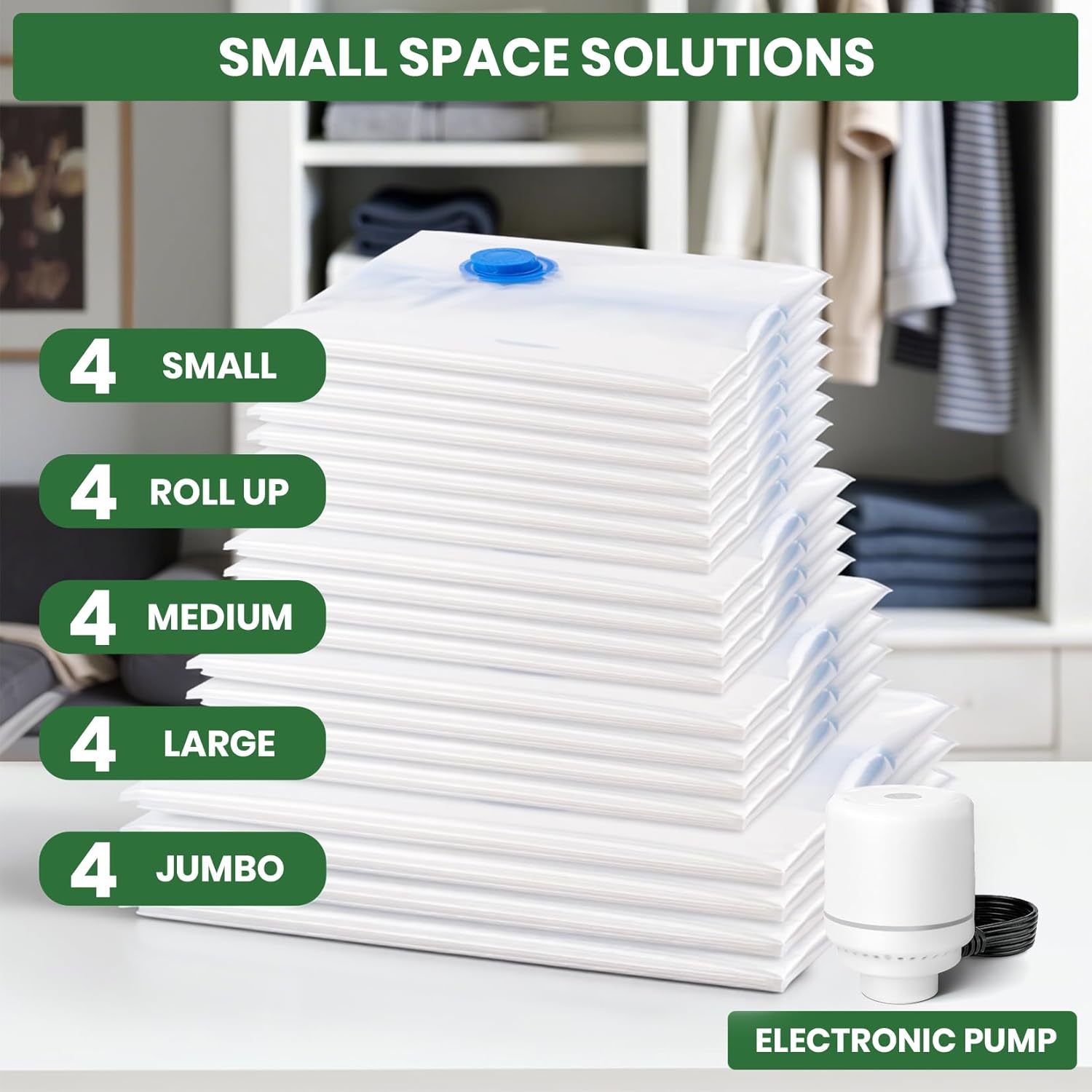 Skiennix Vacuum Storage Bags - 20-Pack with Electric Air Pump for Clothes & Comforters | 4 Jumbo, 4 Large, 4 Medium, 4 Small, 4 Roll-Up Bags