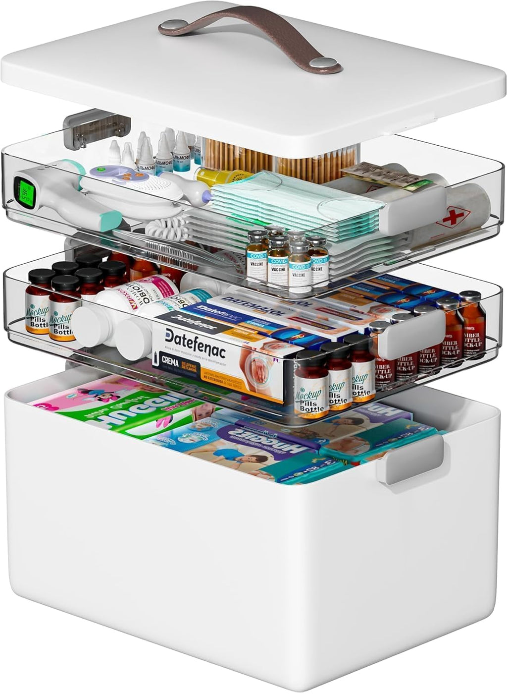 Spreezy 3-Tier Medicine Organizer - Clear Compartment Storage Box with Handle for Pills & Bandages