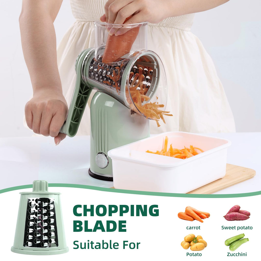 Rotary Cheese Grater with Handle, Vegetable Shredder with 5 Replaceable Blades & Strong Suction Base, Round Food Slicer & Chopper for Kitchen Fruit Vegetables Nuts with Blade Storage Box (Green)