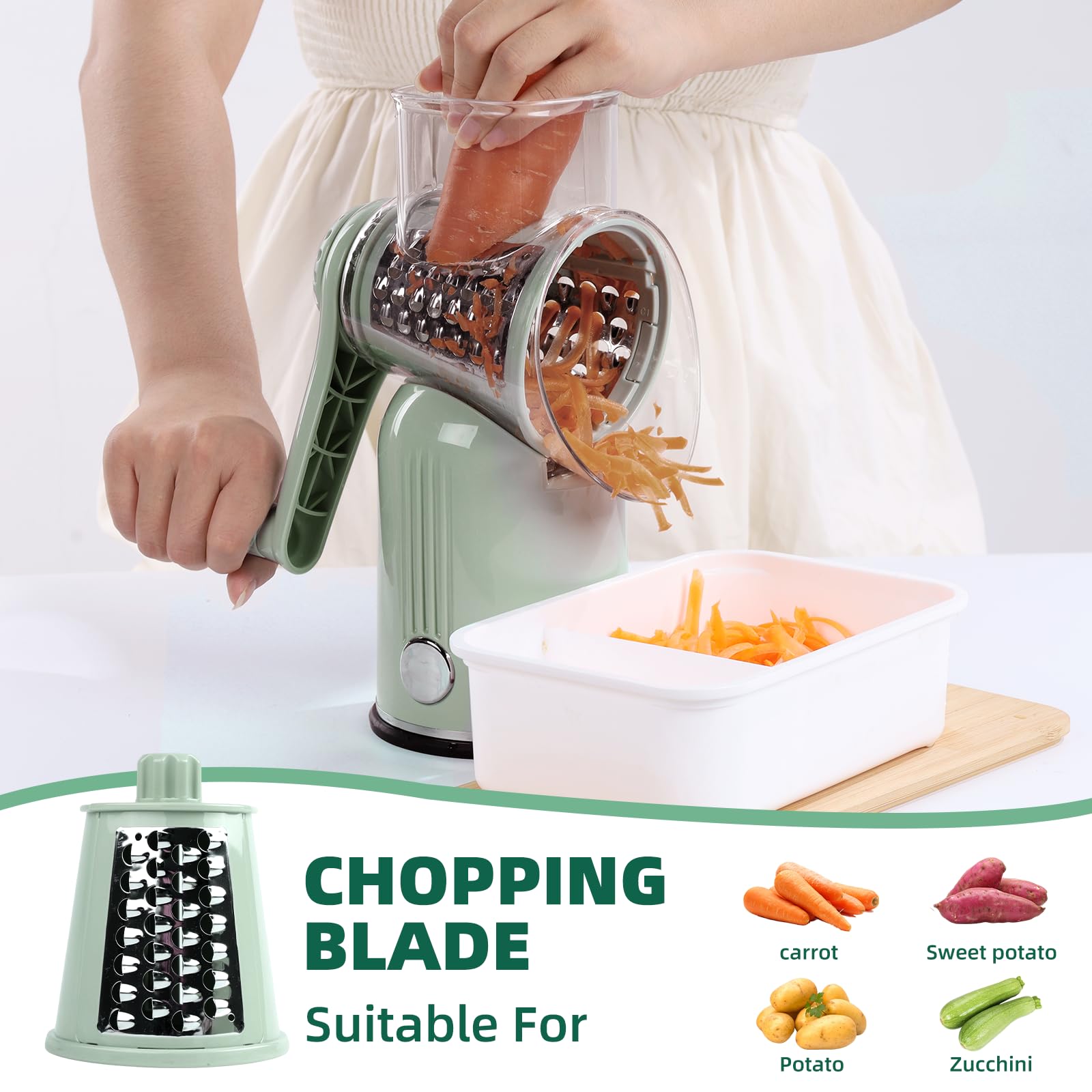 Rotary Cheese Grater with Handle, Vegetable Shredder with 5 Replaceable Blades & Strong Suction Base, Round Food Slicer & Chopper for Kitchen Fruit Vegetables Nuts with Blade Storage Box (Green)