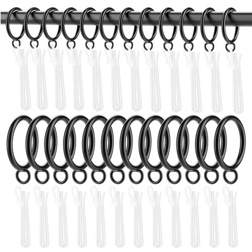 1.25 Inch Curtain Rings with Hooks, 30 Pack Black Metal Drapery Rings with Pins Hooks for Window Door Bathroom Shower Curtain