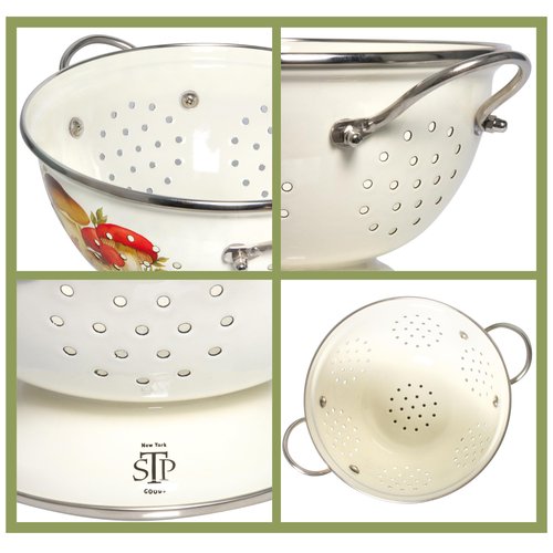 Enamel Aluminum Casserole & Colander Pasta Set with Complimentary Cotton Kitchen Towel & Spatula 1 pot, 1 glass lid, 1 colander (Mushrooms)