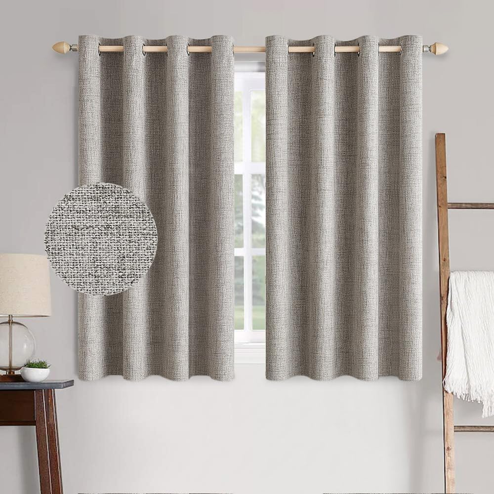 MIULEE 100% Blackout Linen Textured Curtains - Thermal Insulated Room Darkening Drapes | Warm Taupe, 52 x 45 Inch (2 Panels)