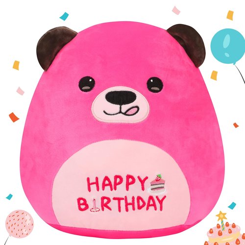 Mushymallow 12” Birthday Bear Plush Pillow Hot Pink Happy Birthday Pillow Soft Cute Bear Plush Toy Stuffed Animal Gifts for Kids