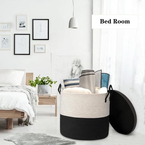 Echueuey 21" x 18"Extra Large storage baskets,Eco-friendly rope baskets with lid,blanket basket living room with lid,hampers for bedroom,big,round, Black 115L