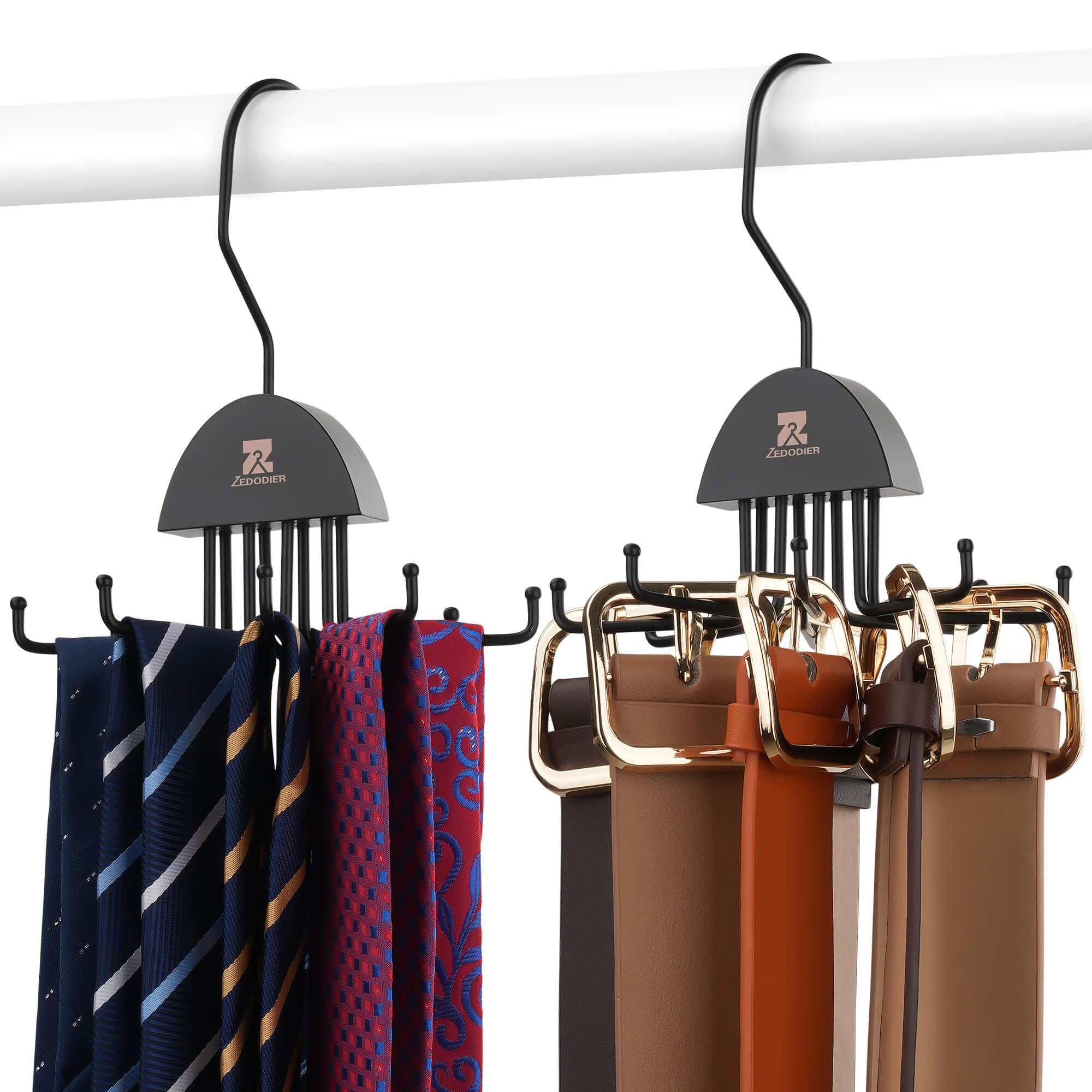 ZEDODIER 2 Pack Tie Hanger & Belt Organizer, Rotatable Tie Rack Space Saving Tie Holder with 16 Adjustable Hooks for Closet Organizers and Storage, Sturdy Belt & Tie Collection Storage, Black