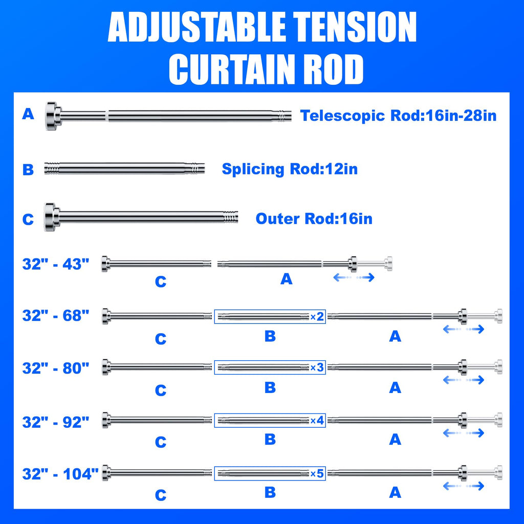 Ausemku Shower Curtain Rod - 32-68 Inch Rustproof Tension Rod, Non-Slip Spring Design, No Drilling Adjustable Curtain Rod for Bathroom, Kitchen, and Closet（Silver）