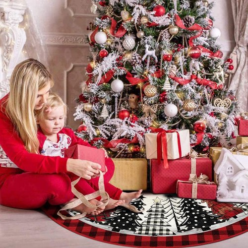 DISENB Christmas Tree Skirt 48 Inch, Red and Black Buffalo Plaid Xmas Tree Skirt, Winter Christmas Tree Mat for Home Party Holiday Indoor Outdoor Decorations