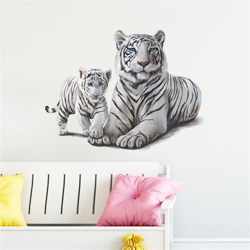 ROFARSO Lifelike Cute Lovely White Tiger Jungle Animal Wall Stickers Removable Wall Decals Peel and Stick Wall Art Decorations Home Decor for Kid Nursery Baby Bedroom Living Room Playing Room