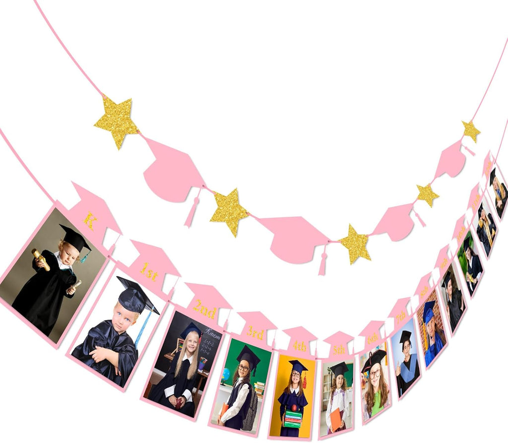 Whaline Graduation Photo Banner - 2026 Congrats Grad Bunting | No DIY Required, Pink Gold Glitter, 5 x 7 Inch
