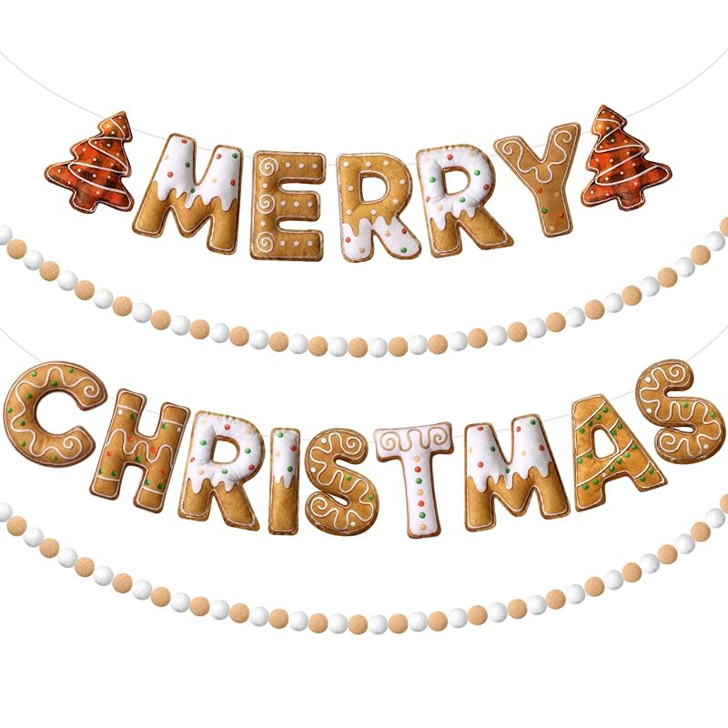 4pcs Felt Merry Christmas Banner - Gingerbread Man Pom Pom Garland, Variation: 4+Gingerbread Man