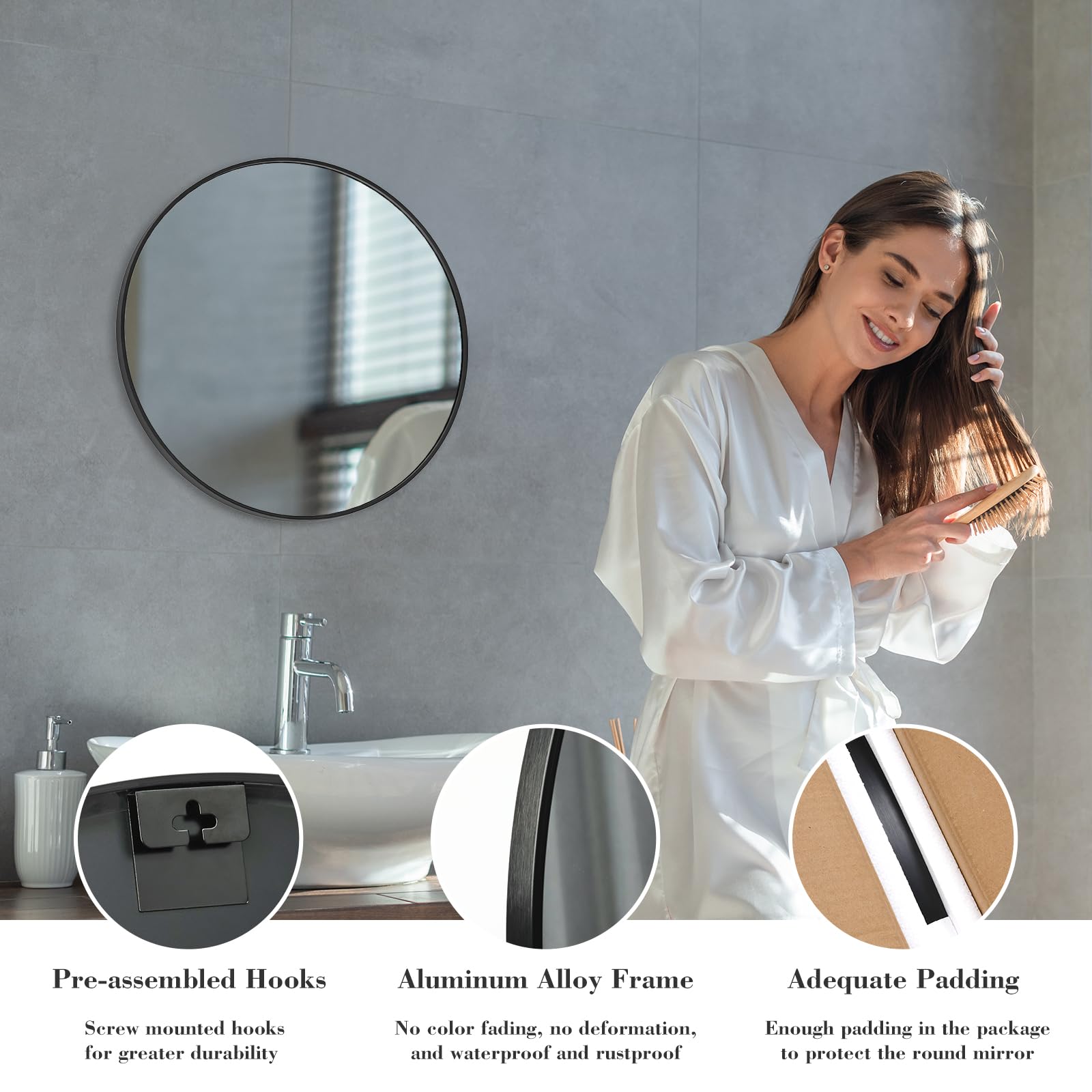 Sweetcrispy 20in Round Bathroom Mirrors for Wall, Bathroom Mirrors for Over Sink, Wall Decor for Bathroom, Entryway, Bedroom, Vanity, Classical Black