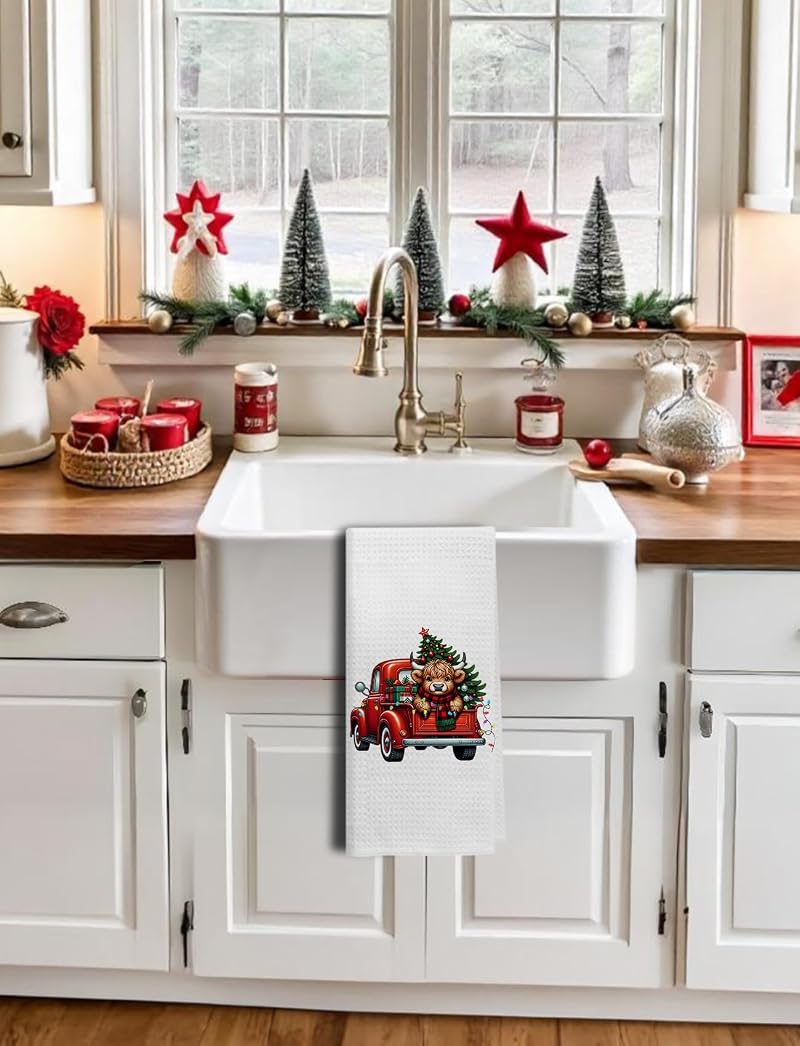 Red Truck Highland Cow Christmas Kitchen Towels – 16x24 In, Color-15