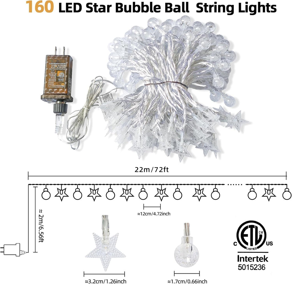 Skiennix Crystal Globe & Star String Lights - 72 FT 160 LED Waterproof Fairy Lights with Remote Control for Indoor/Outdoor Use