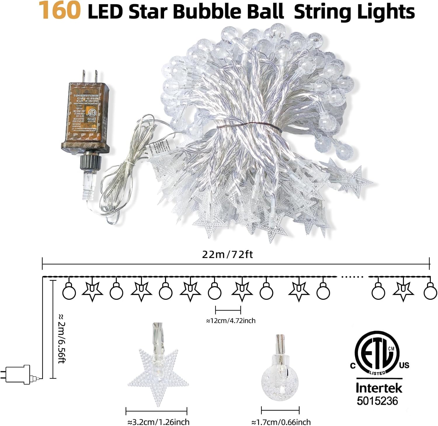 Skiennix Crystal Globe & Star String Lights - 72 FT 160 LED Waterproof Fairy Lights with Remote Control for Indoor/Outdoor Use