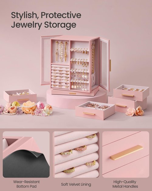 SONGMICS Jewelry Box 360° Rotating, Jewelry Storage Case with 5 Drawers, Jewelry Organizer, Glass Window, Spacious, Vertical Jewelry Storage, Open Design, Great Gift, Jelly Pink UJBC170R01