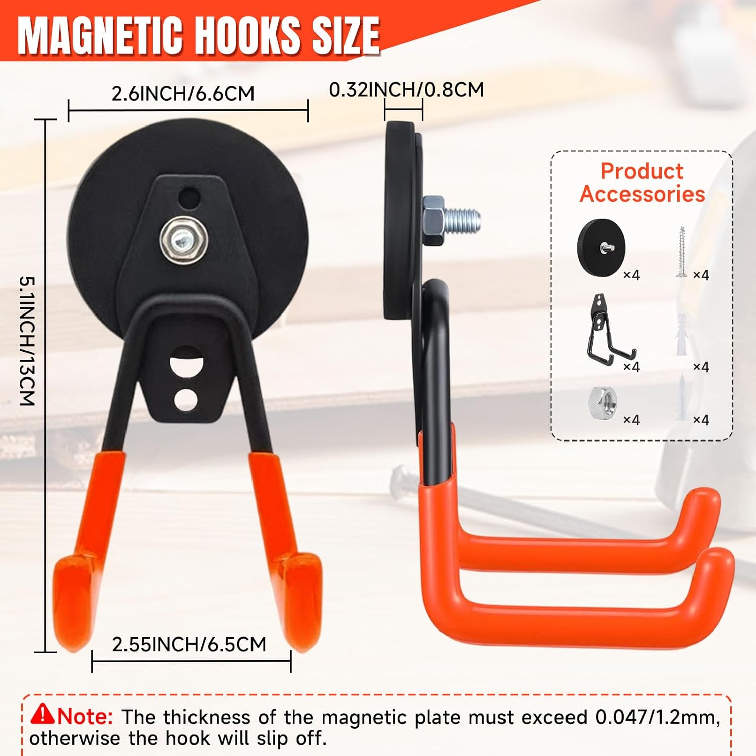 Skiennix Magnetic Hooks - Heavy Duty 4 Pack with Anti-Slip Coating | Ideal for Garage & Workshop Use
