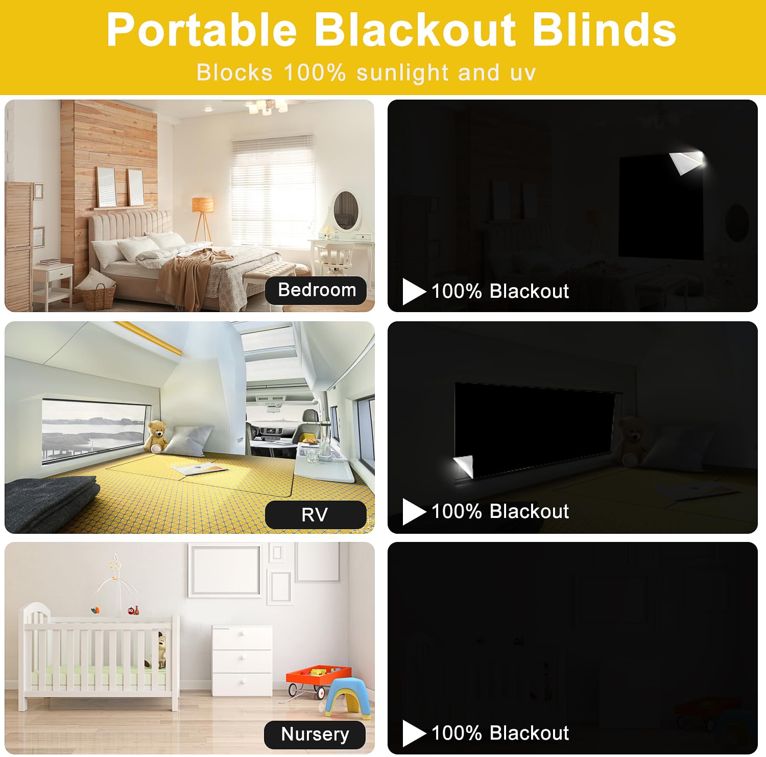 100% Blackout Window Cover Curtains for Bedroom 57x40Inch,No Drill,DIY Cut Portable Removable Black out Shades Blinds Cover for Baby Nursery,RV,Media Room,Hook&Loop Tape Straps Stickers,Magnetic Clips