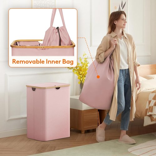 Lifewit 150L Laundry Basket - Foldable Hamper with Lid & Bamboo Handles | Pink, Removable Bags