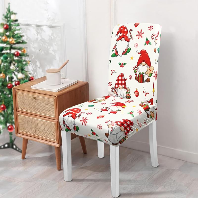 Christmas Gnome Chair Covers Set of 4 - Winter Snowflake Holly Elastic Dining Chair Covers (Variation: Christmas Gnome+4 Pieces)