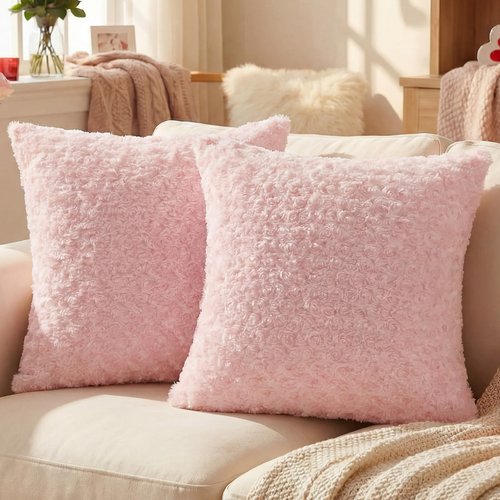 FUTEI Pink Decorative Throw Pillow Covers 18x18 Inch Set of 2,Soft Solid Rose Swirl Textured Cushion Case,Valentine's Day Decor for Couch Living Room