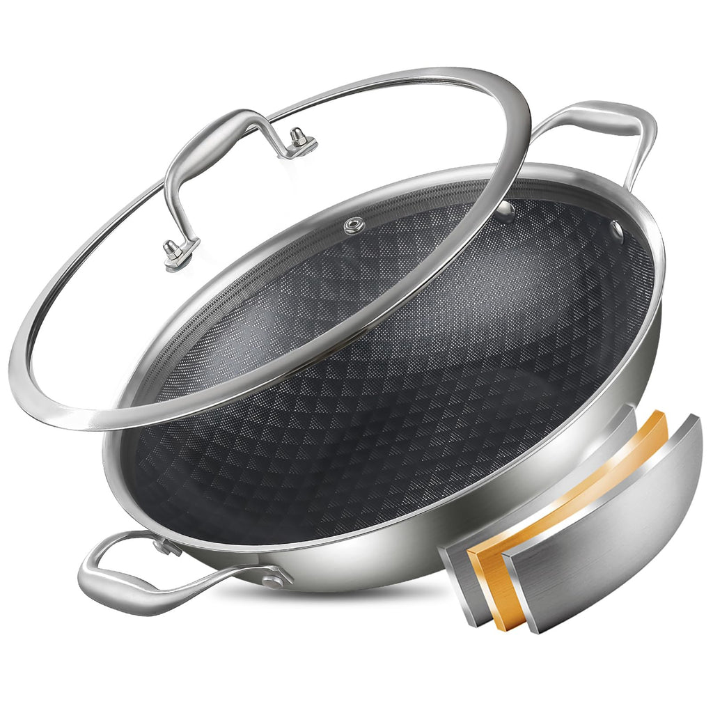 DELARLO Wok Pan With Lid 12 Inch Non stick wok,Oven Safe Up to 600℉,Woks & Stir-Fry Pans Nonstick,Tri-Ply Stainless Steel Wok, 5QT Nonstick Deep Frying Pan, Induction Saute Pan With Lid