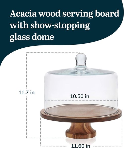 Libbey Acacia Wood Cake Stand - Footed Dessert Stand with Glass Dome Lid & Durable Ball Handle