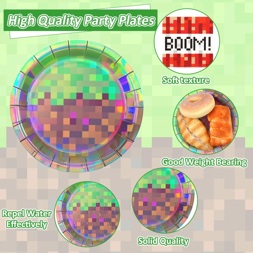 50Pcs Iridescent Pixel Party Plates and Napkins Set Video Game Disposable Tableware Set Pixel Dessert Plates Gaming Party Supplies Birthday Decorations for Kids Baby Shower Teen Gamer Serve 25