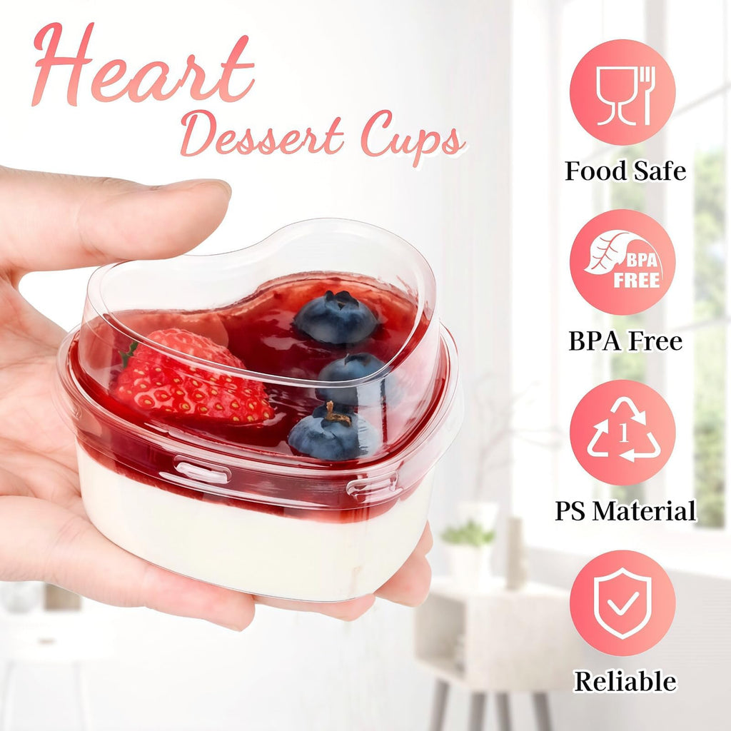 TOFLEN 5 oz Heart Shaped Dessert Cups with Lids and Spoons 300 Pcs | Serves 100 | Mini Plastic Dessert Shooter Cups for Parfait, Cheesecake, Mousse, Appetizers, Jello Shot and Puddings