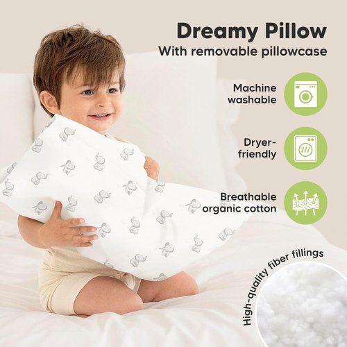 Elly Toddler Pillow - Soft & Breathable Organic Cotton Travel Pillow with Case | 13x18 Inches for Ages 2-5