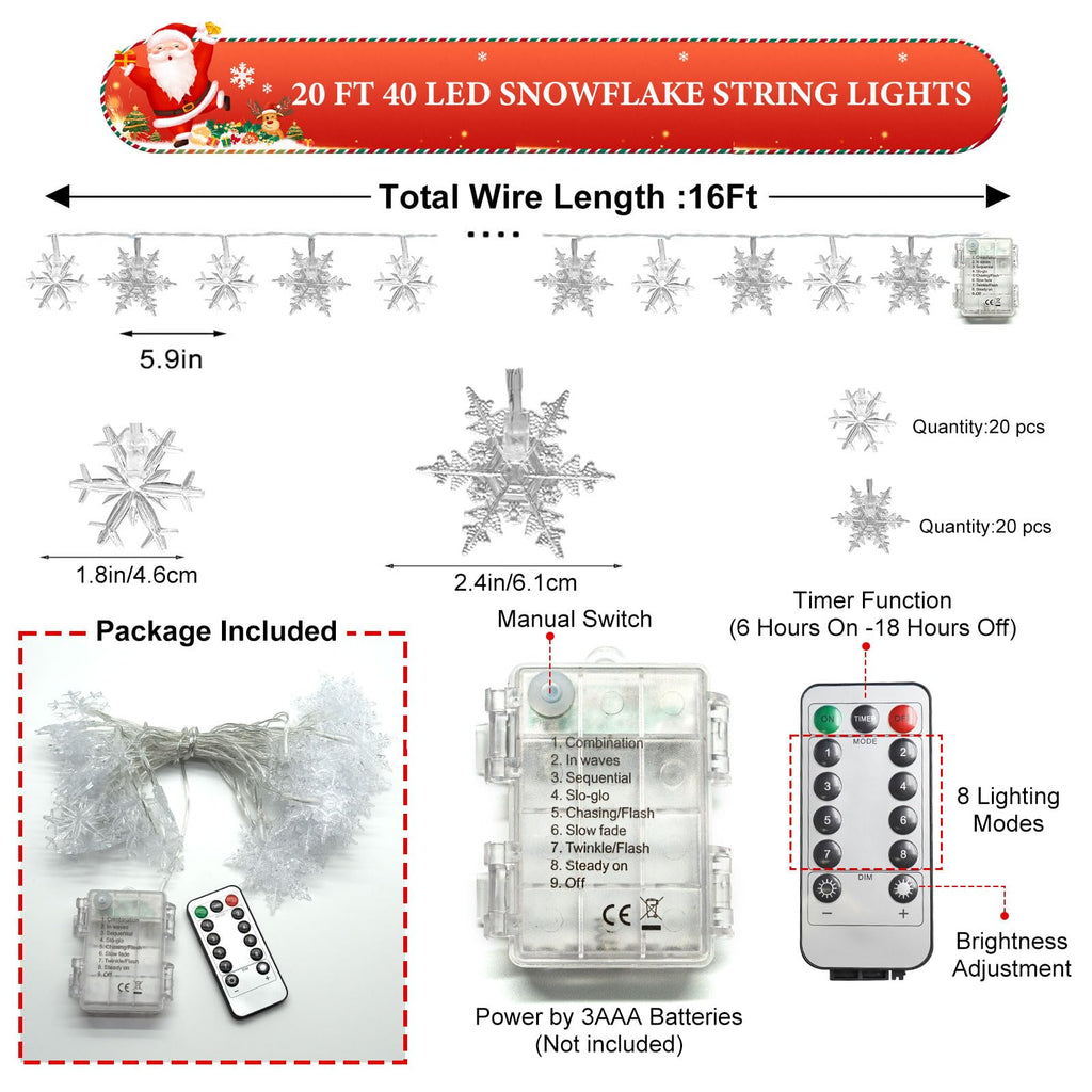 Snowflake Lights, 20 FT 40 LED Battery Operated Christmas Lights with Remote, 8 Modes Timer Waterproof Fairy String Lights Indoor Outdoor Bedroom Room Patio Garden Xmas Tree Decorations (Warm White)