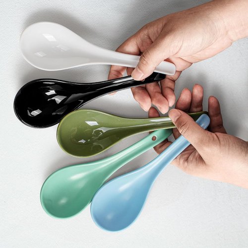 Artena Bright White Soup Spoons Set of 6 - Ultra-Fine Porcelain for Ramen, Pho & Cereal | 6.75-Inch Deep Oval Design