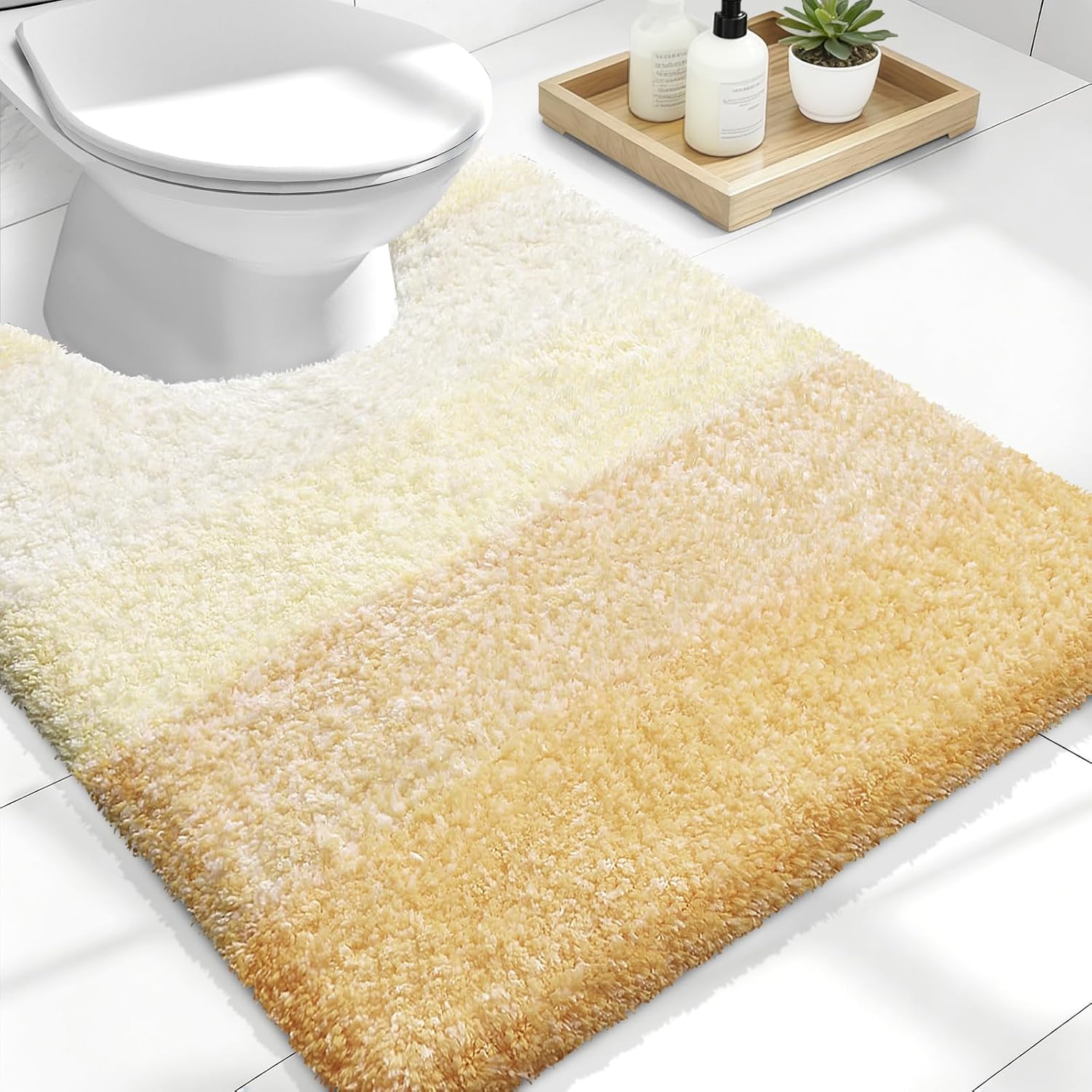 OLANLY Luxury U-Shaped Toilet Rugs - Extra Soft Microfiber Bath Mat, Non-Slip, 24x20, Light Yellow
