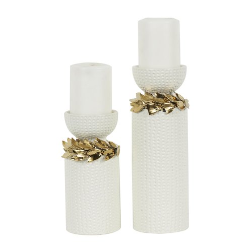 Deco 79 Ceramic Decorative Candle Holder Candle Stand with Abstract Spotted Pattern and Gold Leaf Accents, Set of 2 Candlestick Holder 12", 9" H, White