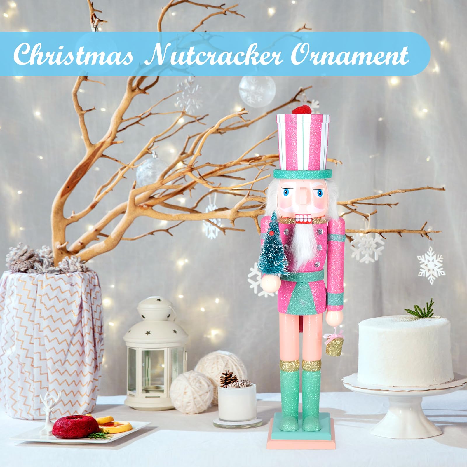MicoSim Christmas Nutcracker Decor,15" Wooden Nutcracker Decorations,Collects Nutcracker Ornament for Festival Party Outdoor Xmas Gifts (Pink Christmas Tree)…