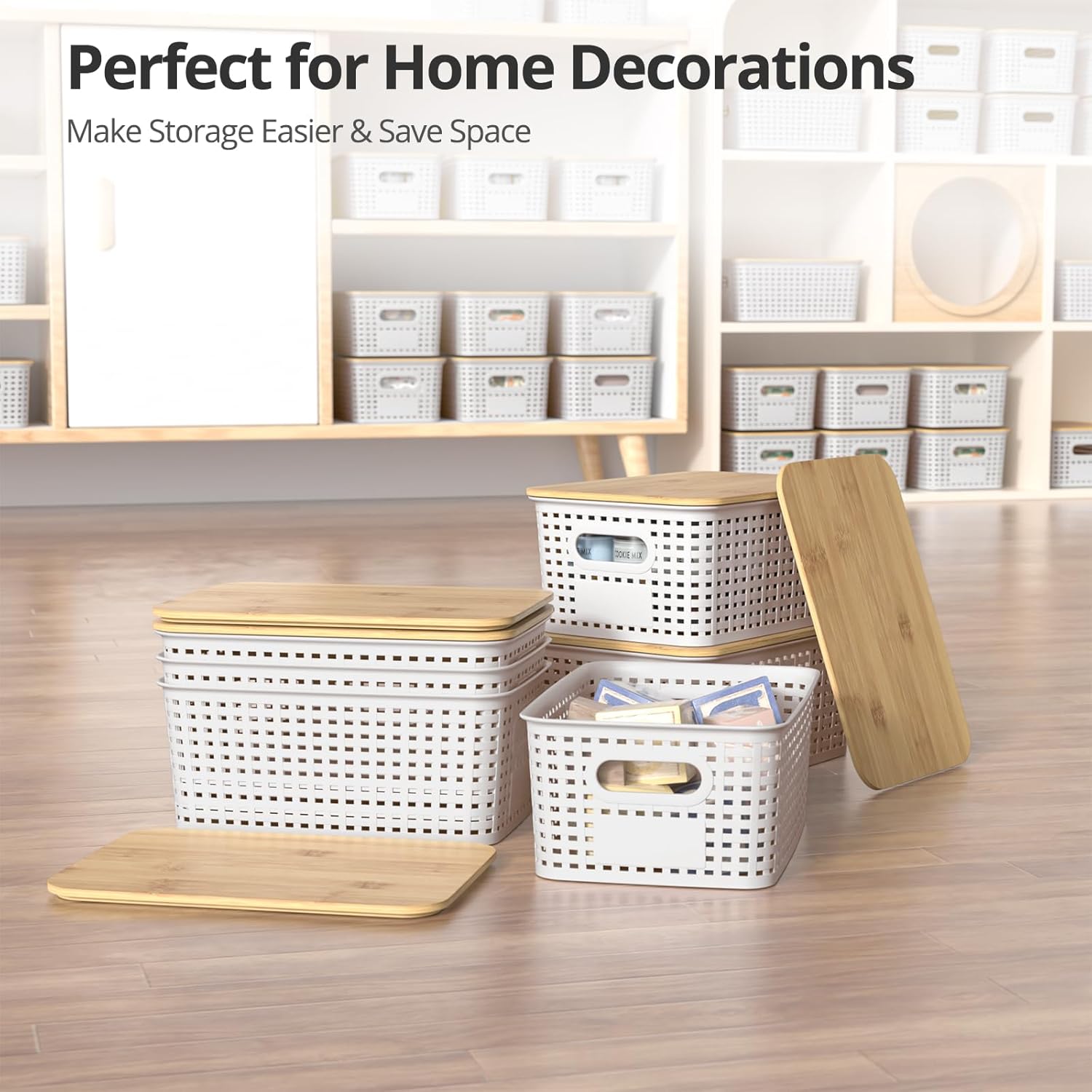 Plastic Storage Baskets - Stackable Organizing Bins with Bamboo Lids | 6 Pack, 10.2x7.2x4.1 Inch, White