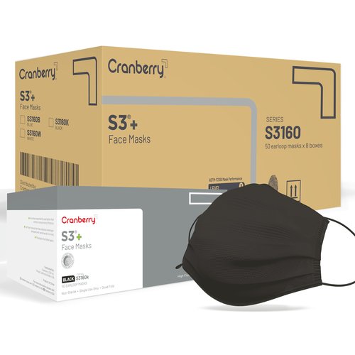Cranberry USA Cranberry S3160Kcase S3+ Earloop Face Mask, 3-Ply, Disposable, Black (Pack of 400)