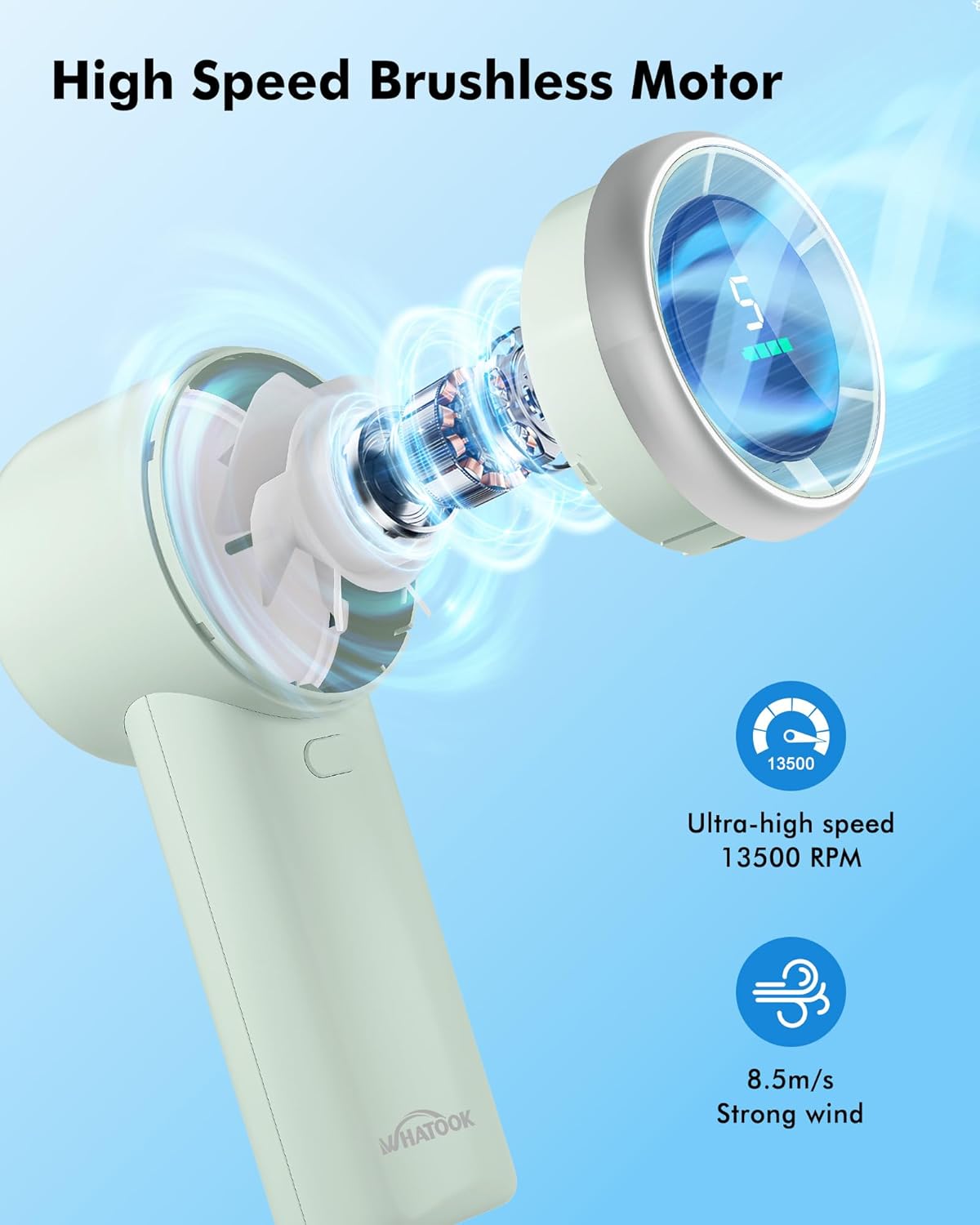 WHATOOK Portable Handheld Mini Fan - High-Speed Cooling, 10-Hour Battery Life, USB Rechargeable | Green