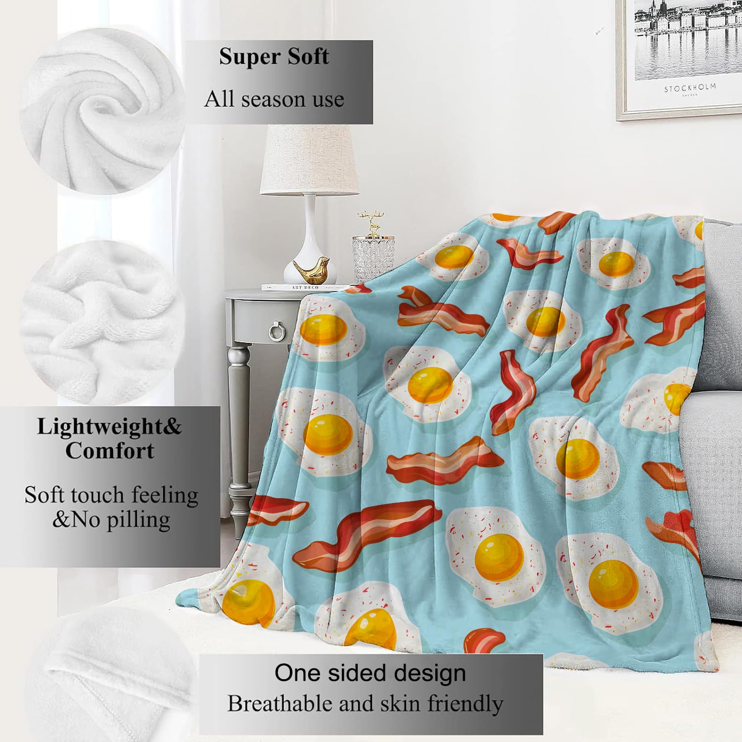 VODRM Bacon and Egg Blanket Fun Food Throw Blankets,Gifts for Kids Woman Girls & Breakfast Lovers,Lightweight Soft Fleece,for Sofa Couch Bed Room Modern Decor 50x60in