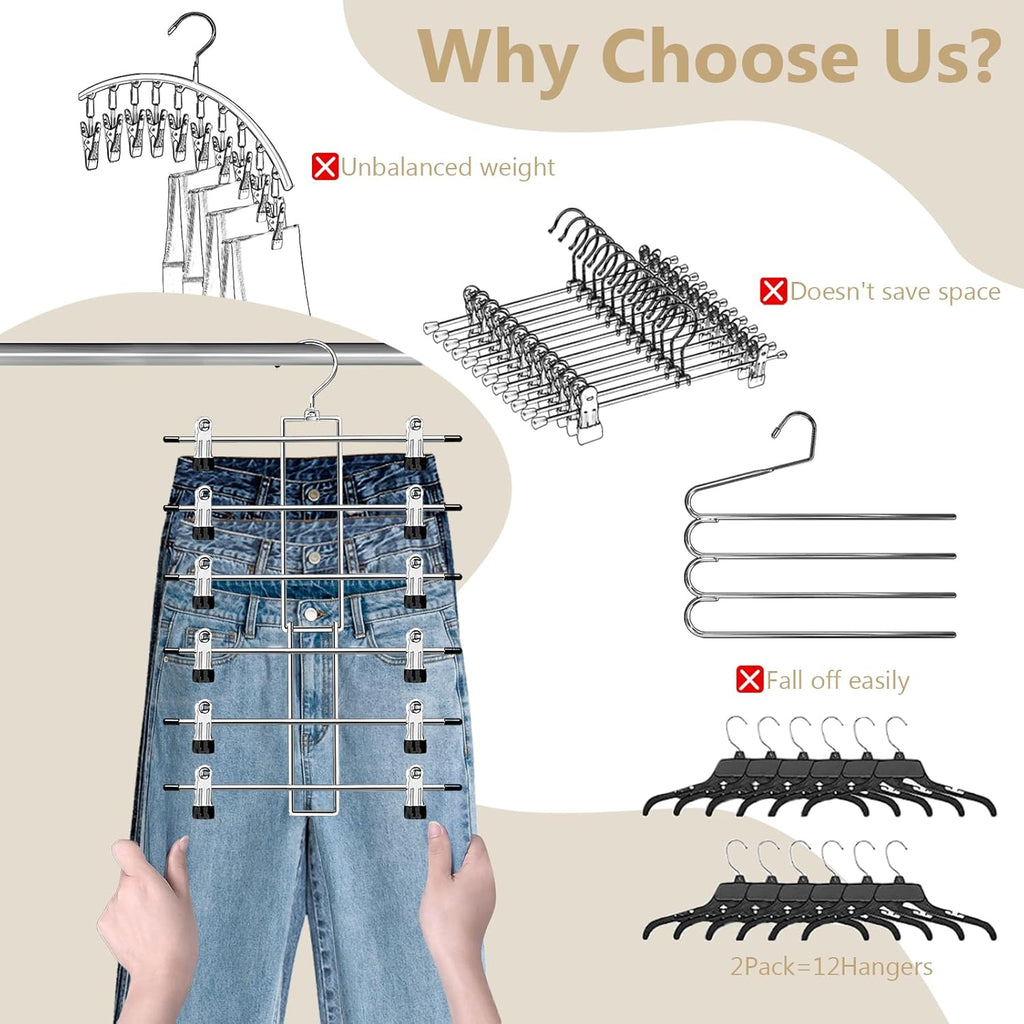 Skiennix Pants Hangers - Space-Saving 6-Tier Closet Organizer with 360° Swivel Hook