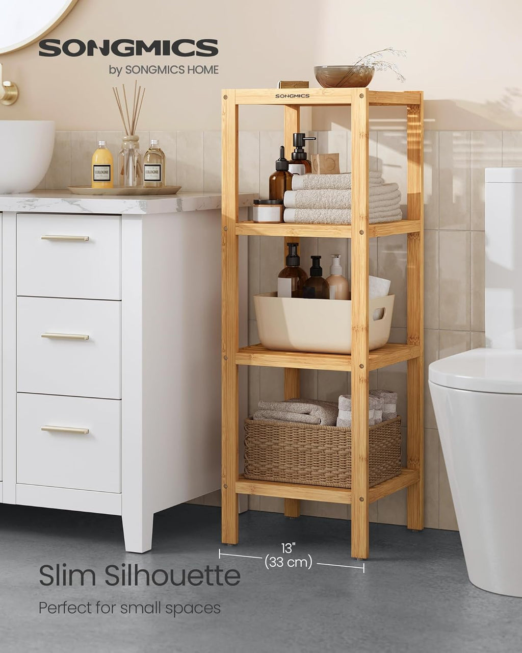 SONGMICS 4-Tier Bamboo Shelf - Versatile Narrow Bathroom & Corner Rack for Kitchen, Living Room, Bedroom
