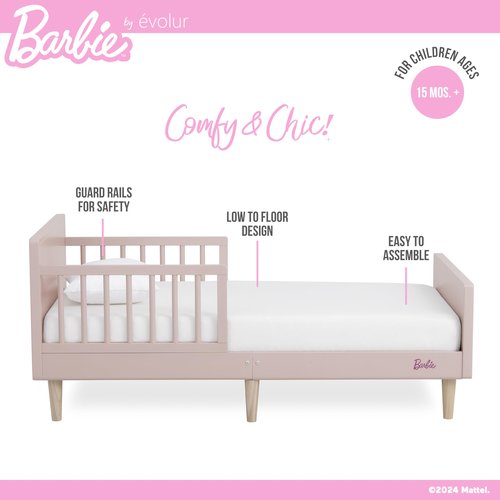 Evolur Barbie Los Altos Wooden Toddler Bed, Blush Pink – Greenguard Gold & JPMA Certified – Low-to-Floor Kids Bed for Girls – Fits Standard Crib Mattress